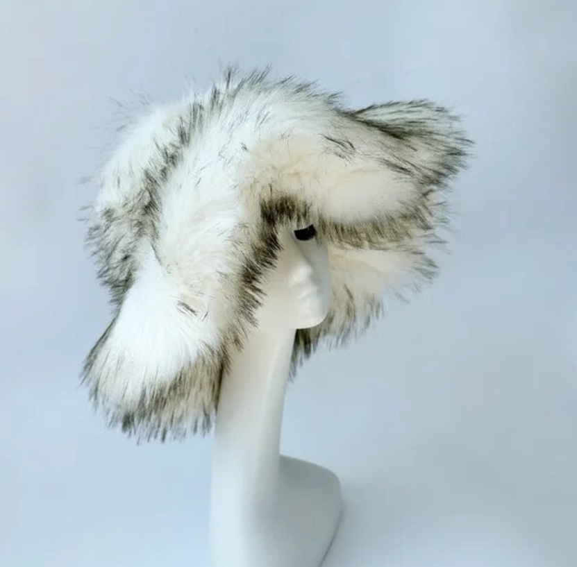 Womans Fashion Plush Faux Fur Trending Winter Rabbit Fur Oversized Fishermans Hat And Bag Set