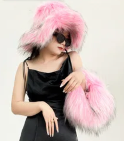 Womans Fashion Plush Faux Fur Trending Winter Rabbit Fur Oversized Fishermans Hat And Bag Set