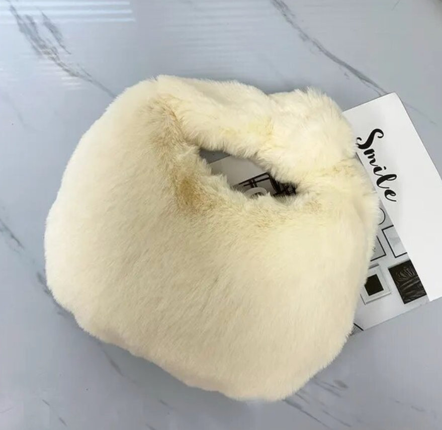 Womans Fur Wool Purse Trending Short Handle Plush Ladies Wrist Bag