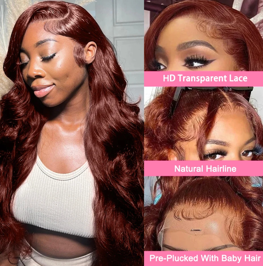 Reddish Brown Body Wave Human Hair 4x4 13x4 13x6 Frontal Dark Red Brown Pre Plucked Hd Lace