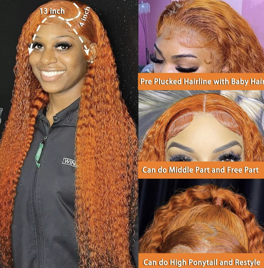 Ginger Orange Deep Wave Loose Curly Human Hair Orange Brazilian Wig 180% 200% Density Lace Front Wig