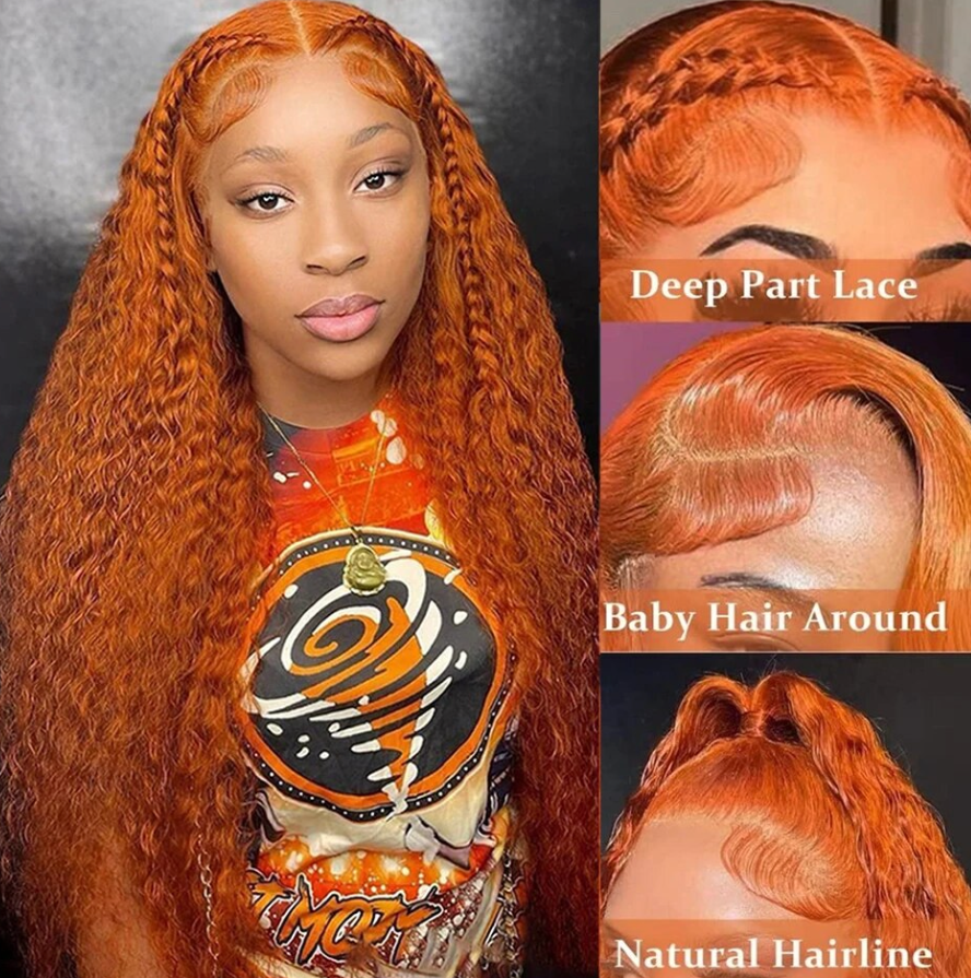 Ginger Orange Deep Wave Loose Curly Human Hair Orange Brazilian Wig 180% 200% Density Lace Front Wig
