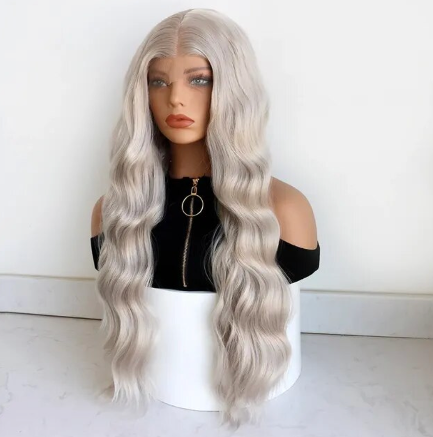 Synthetic Ash Blond Silver Grey Woman's Wig Glueless Body wave Wig 13x3.5 Closure