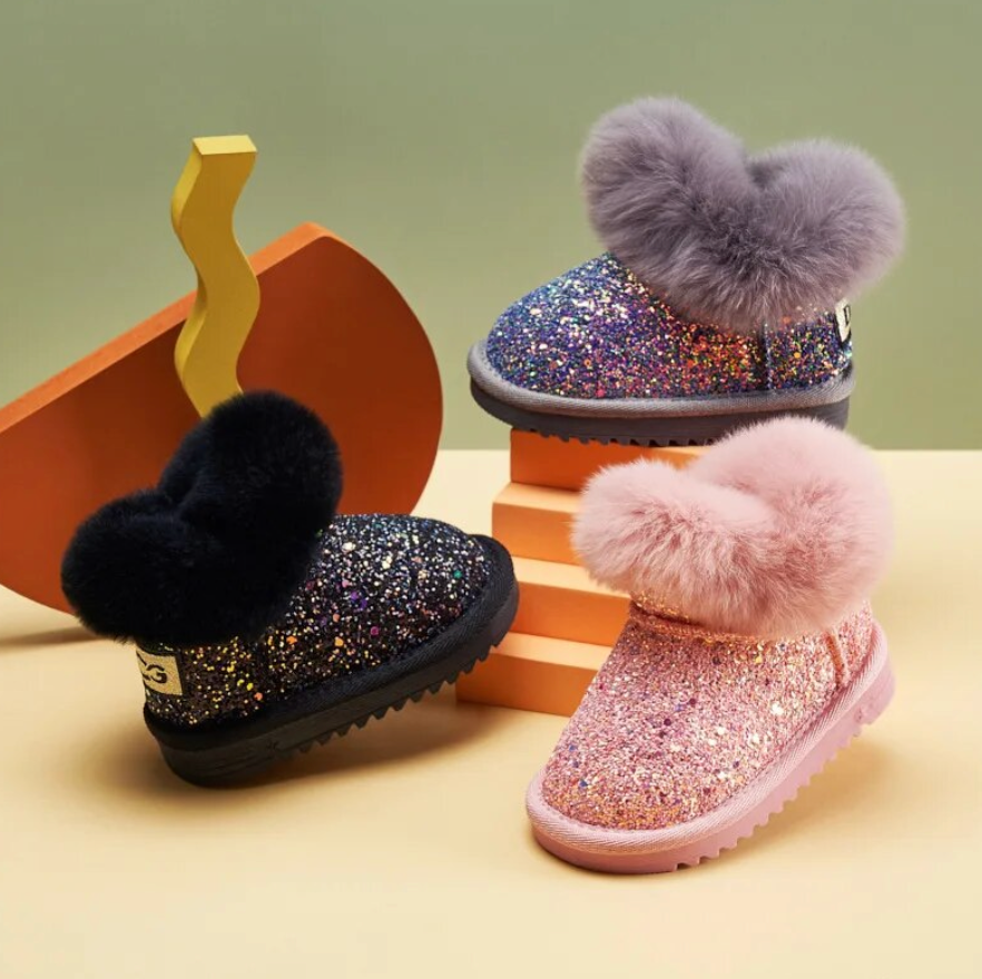Kids Glittery Fur Thick Plush Sparkly Boots Soft Bottom Children's Boots