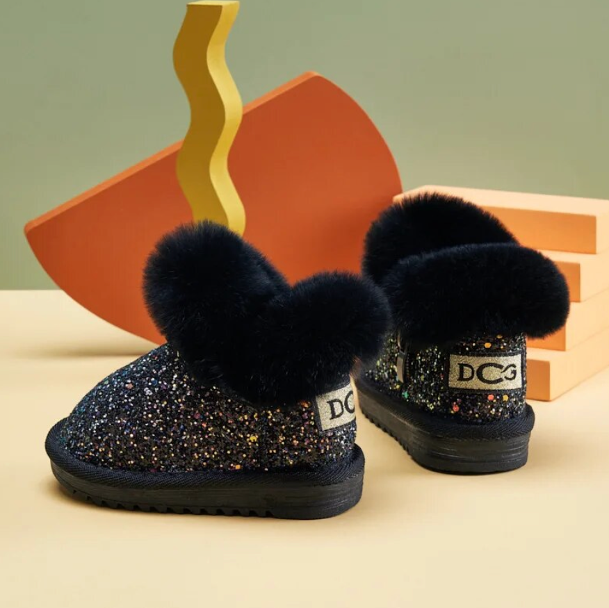 Kids Glittery Fur Thick Plush Sparkly Boots Soft Bottom Children's Boots