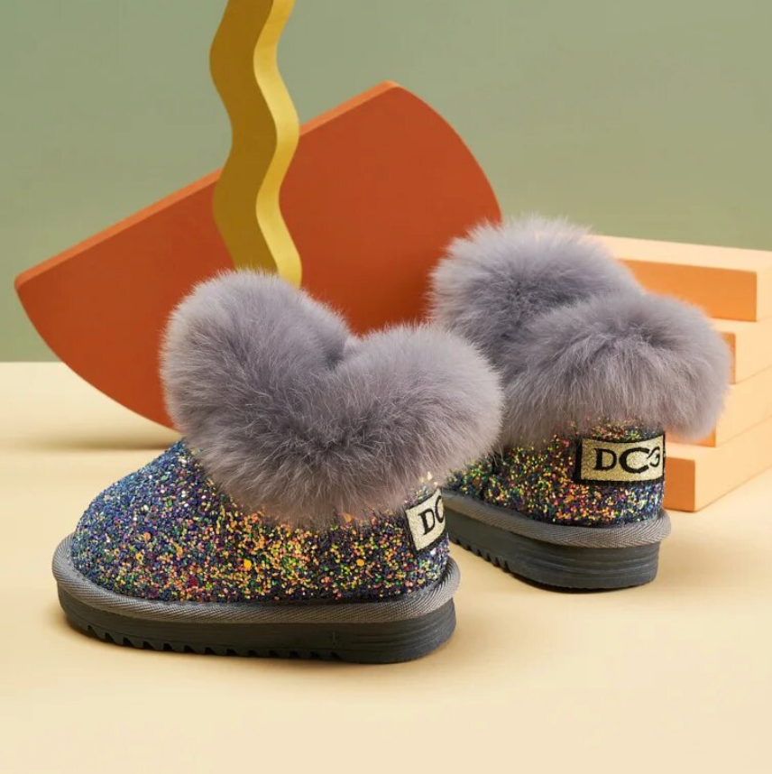 Kids Glittery Fur Thick Plush Sparkly Boots Soft Bottom Children's Boots