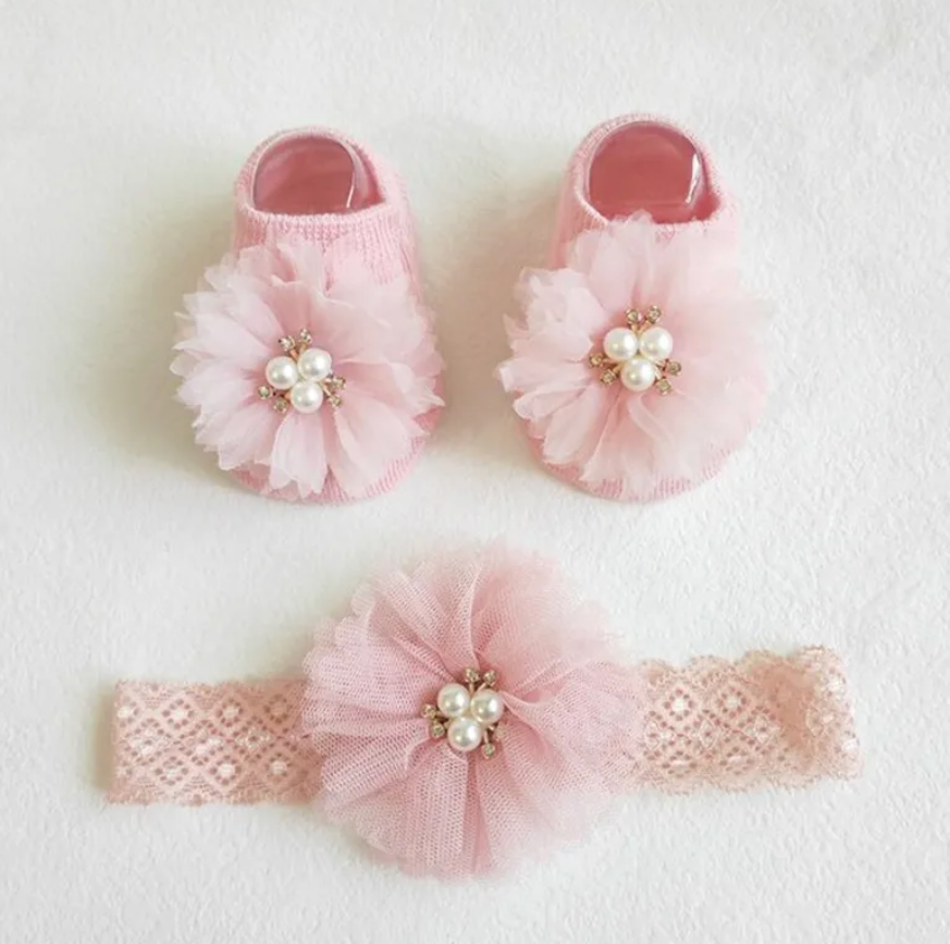 Baby Girl Pearl Socks And Headband NonSlip Cotton Design Baby Girl Accessory