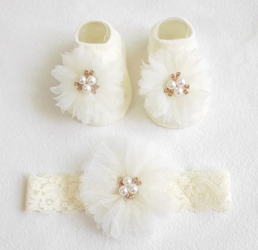 Baby Girl Pearl Socks And Headband NonSlip Cotton Design Baby Girl Accessory