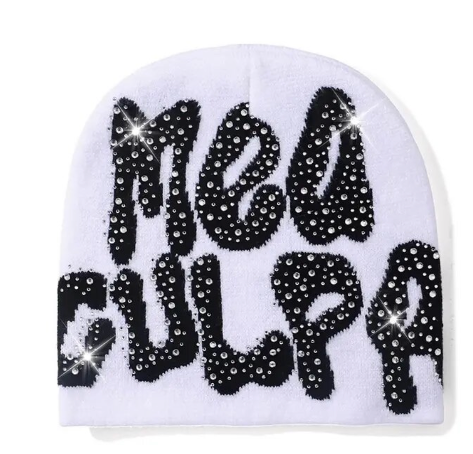 Rhinestone MEA Y2K Culpa Beanie Hat Soft Warm Knitted Stretch Men Woman Head Cap