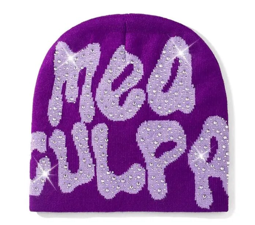 Rhinestone MEA Y2K Culpa Beanie Hat Soft Warm Knitted Stretch Men Woman Head Cap