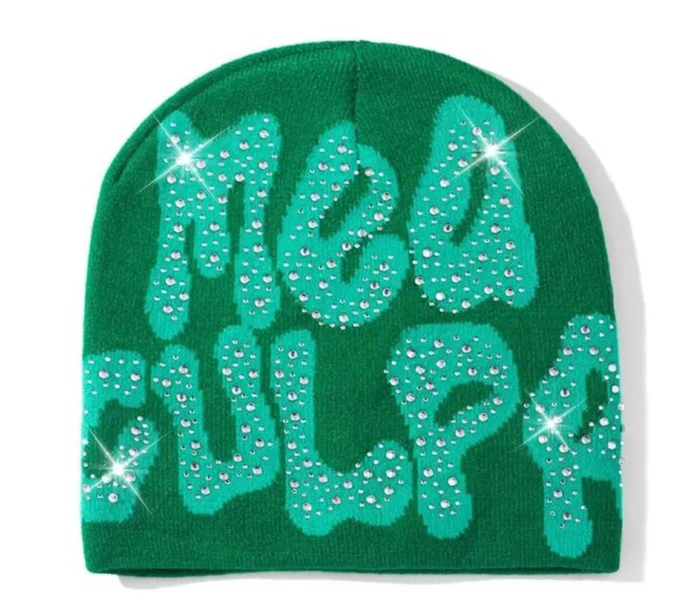 Rhinestone MEA Y2K Culpa Beanie Hat Soft Warm Knitted Stretch Men Woman Head Cap