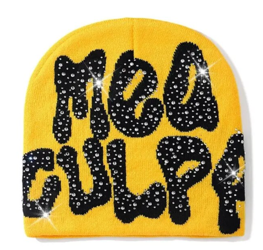 Rhinestone MEA Y2K Culpa Beanie Hat Soft Warm Knitted Stretch Men Woman Head Cap