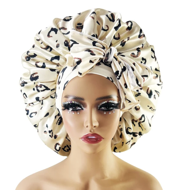 Large Satin Cheetah Print Silk Bonnet Sleep Night Cap Long Tie Wrap