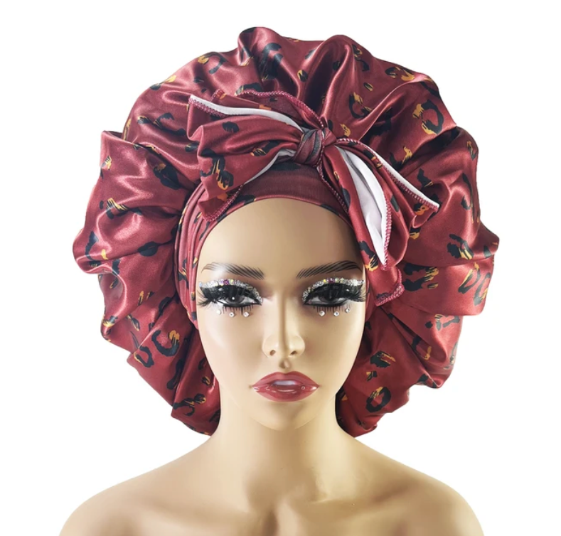 Large Satin Cheetah Print Silk Bonnet Sleep Night Cap Long Tie Wrap
