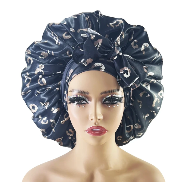 Large Satin Cheetah Print Silk Bonnet Sleep Night Cap Long Tie Wrap