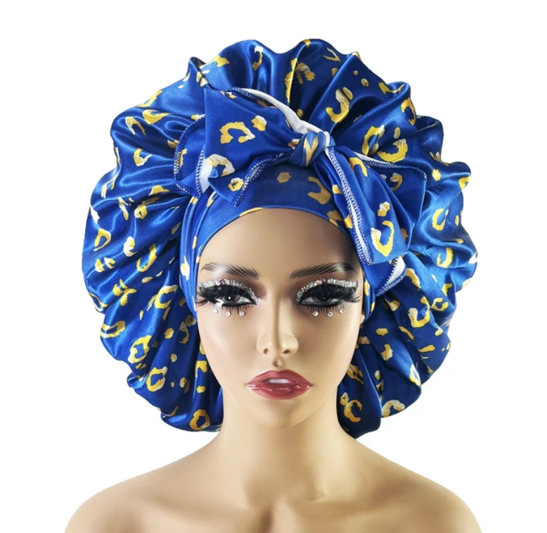 Large Satin Cheetah Print Silk Bonnet Sleep Night Cap Long Tie Wrap