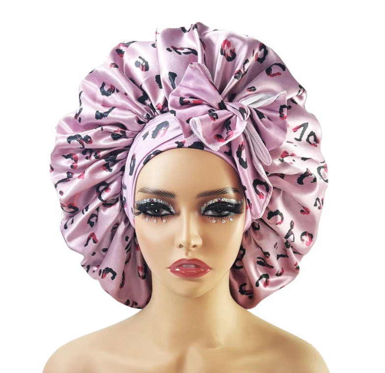 Large Satin Cheetah Print Silk Bonnet Sleep Night Cap Long Tie Wrap