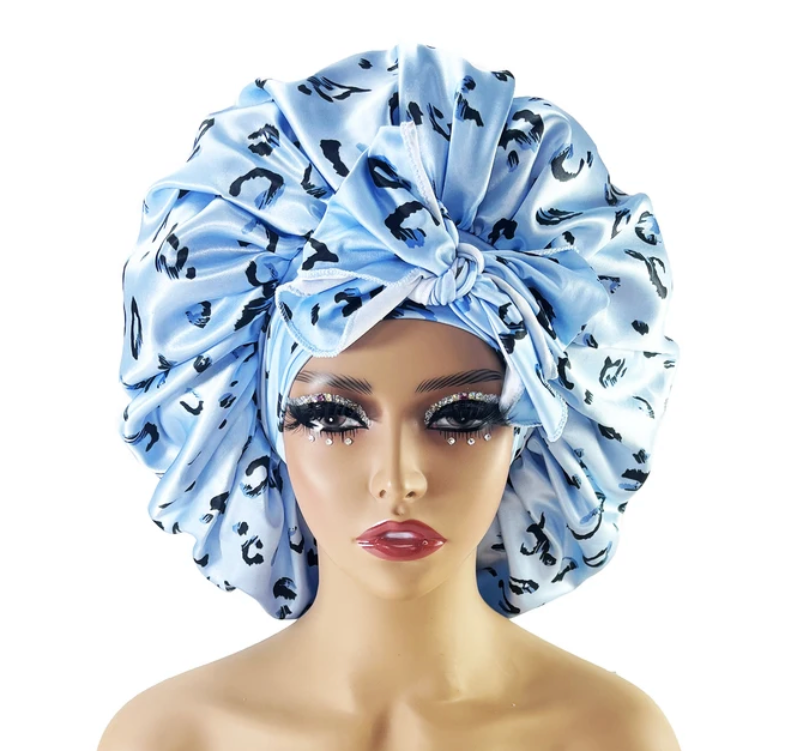 Large Satin Cheetah Print Silk Bonnet Sleep Night Cap Long Tie Wrap