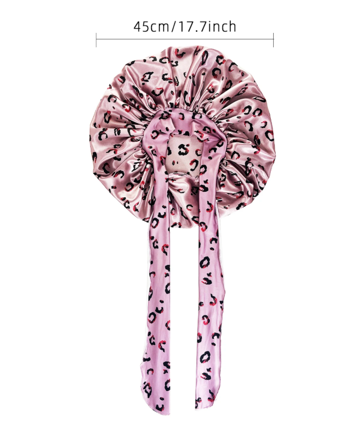 Large Satin Cheetah Print Silk Bonnet Sleep Night Cap Long Tie Wrap