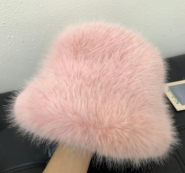 Faux Plush Y2K Luxury Fluffy Fur Bucket Hat Rabbit Fur Warm Panama Fishermans Winter Headwear
