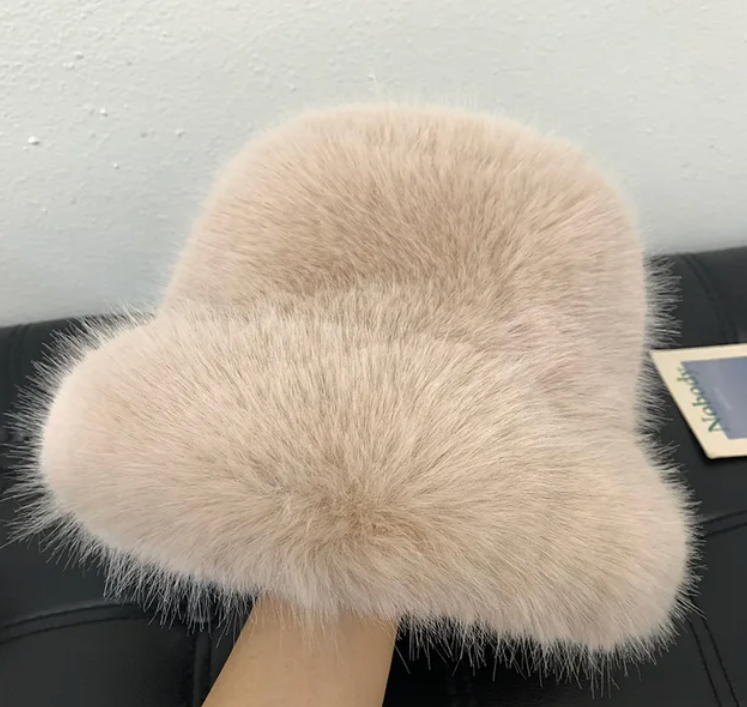 Faux Plush Y2K Luxury Fluffy Fur Bucket Hat Rabbit Fur Warm Panama Fishermans Winter Headwear
