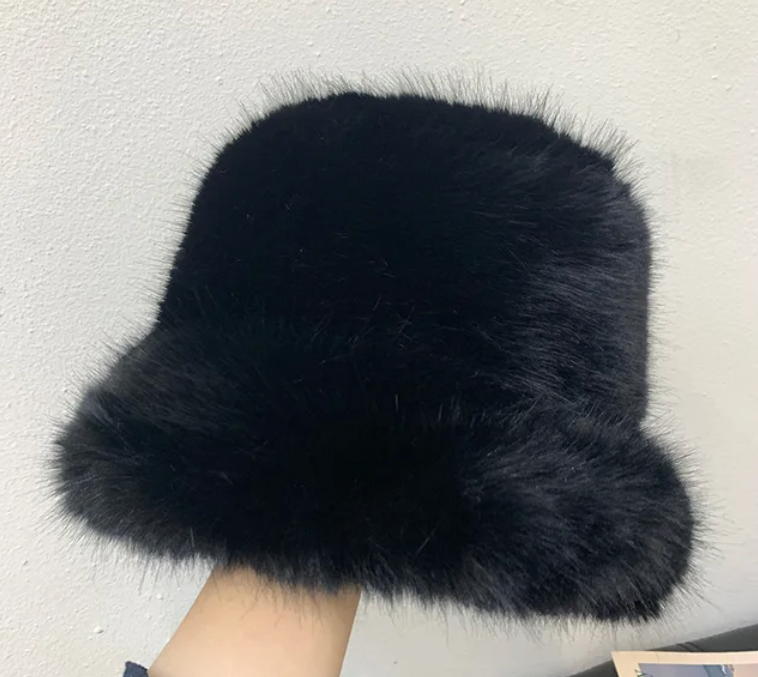 Faux Plush Y2K Luxury Fluffy Fur Bucket Hat Rabbit Fur Warm Panama Fishermans Winter Headwear