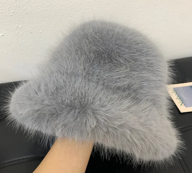 Faux Plush Y2K Luxury Fluffy Fur Bucket Hat Rabbit Fur Warm Panama Fishermans Winter Headwear
