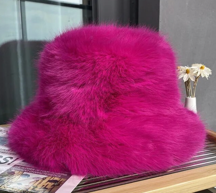 Faux Plush Y2K Luxury Fluffy Fur Bucket Hat Rabbit Fur Warm Panama Fishermans Winter Headwear