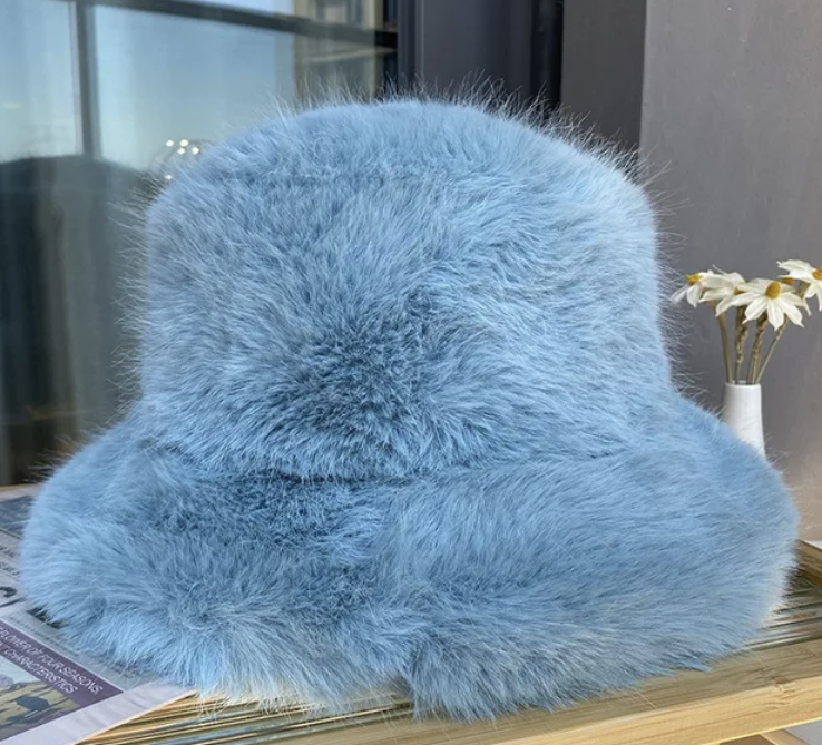 Faux Plush Y2K Luxury Fluffy Fur Bucket Hat Rabbit Fur Warm Panama Fishermans Winter Headwear