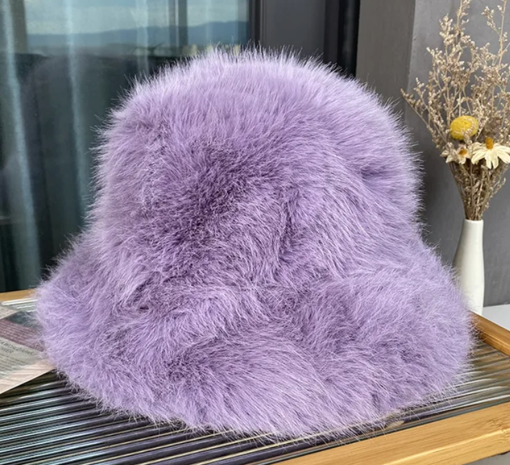 Faux Plush Y2K Luxury Fluffy Fur Bucket Hat Rabbit Fur Warm Panama Fishermans Winter Headwear