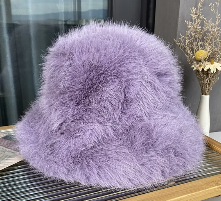 Faux Plush Y2K Luxury Fluffy Fur Bucket Hat Rabbit Fur Warm Panama Fishermans Winter Headwear