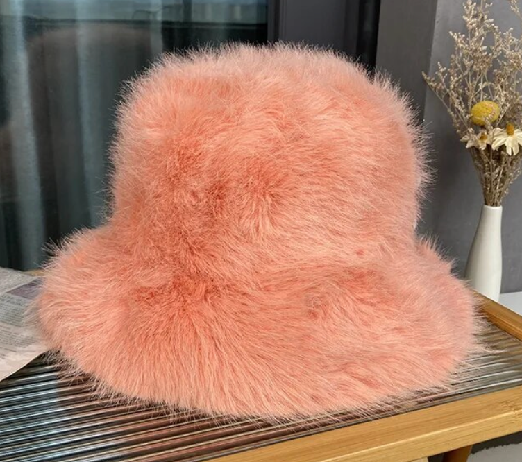 Faux Plush Y2K Luxury Fluffy Fur Bucket Hat Rabbit Fur Warm Panama Fishermans Winter Headwear