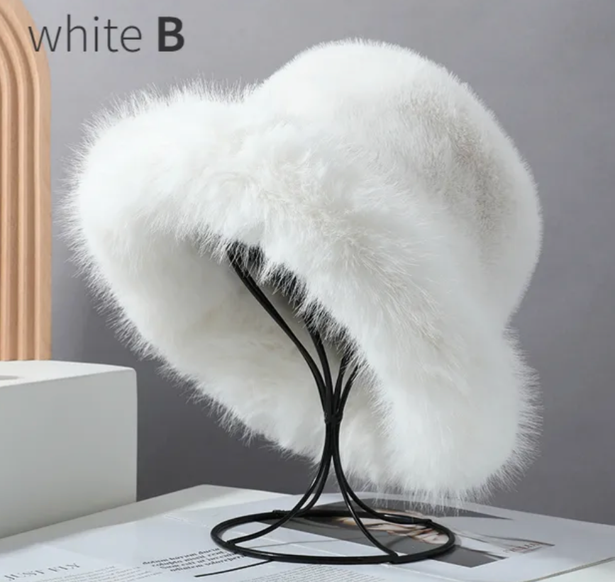 Faux Plush Y2K Luxury Fluffy Fur Bucket Hat Rabbit Fur Warm Panama Fishermans Winter Headwear