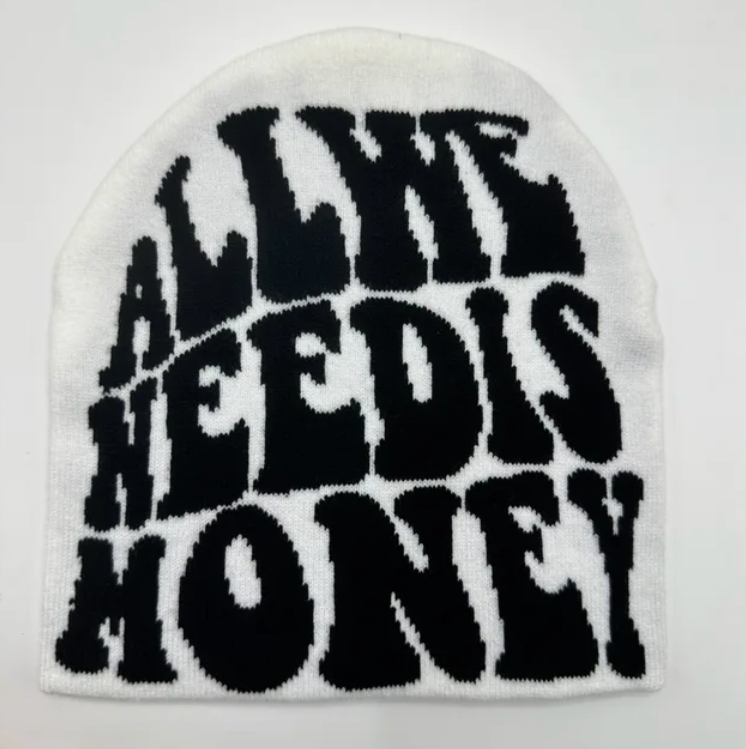 Knitted Graphic Money Beanie Y2k Head Cap We Need Money Skully Hat