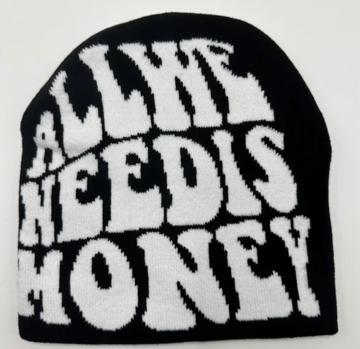 Knitted Graphic Money Beanie Y2k Head Cap We Need Money Skully Hat