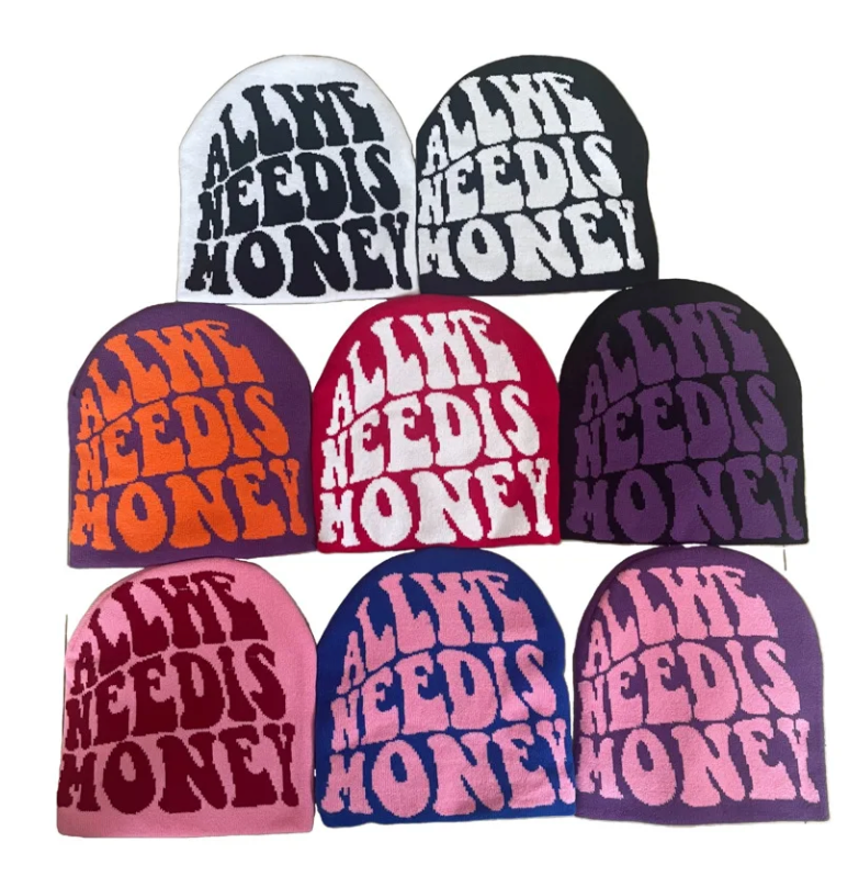 Knitted Graphic Money Beanie Y2k Head Cap We Need Money Skully Hat