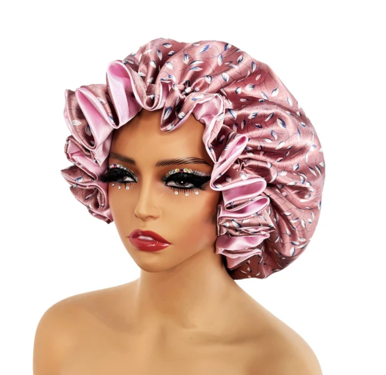Womens Satin Ruffle Pattern Natural Hair Sleeping Night Cap Double Layer Bonnet