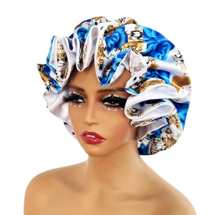 Womens Satin Ruffle Pattern Natural Hair Sleeping Night Cap Double Layer Bonnet