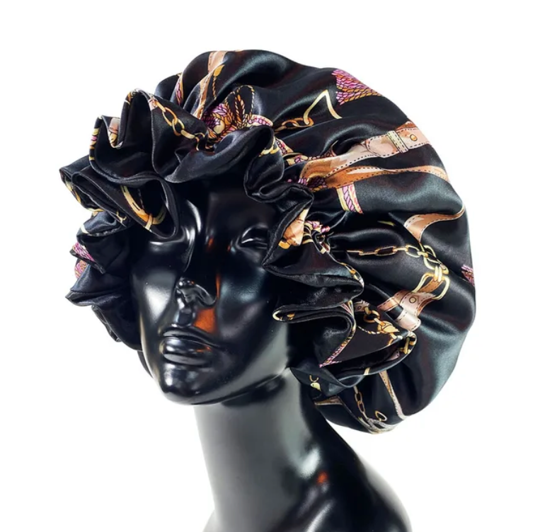 Womens Satin Ruffle Pattern Natural Hair Sleeping Night Cap Double Layer Bonnet