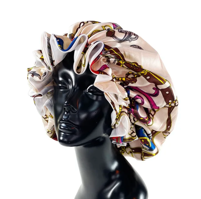 Womens Satin Ruffle Pattern Natural Hair Sleeping Night Cap Double Layer Bonnet