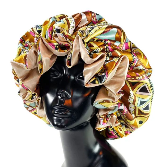 Womens Satin Ruffle Pattern Natural Hair Sleeping Night Cap Double Layer Bonnet