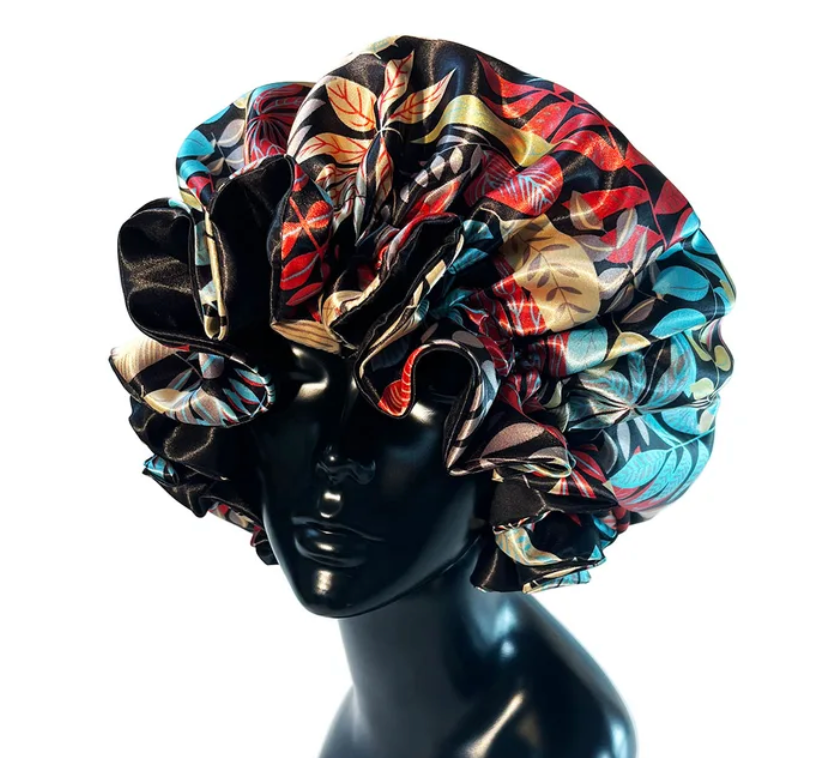 Womens Satin Ruffle Pattern Natural Hair Sleeping Night Cap Double Layer Bonnet