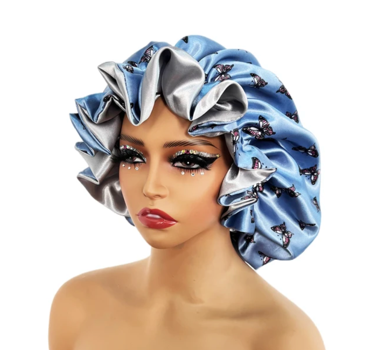 Womens Satin Ruffle Pattern Natural Hair Sleeping Night Cap Double Layer Bonnet