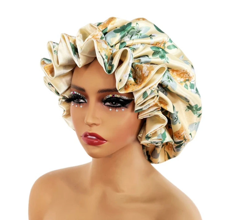 Womens Satin Ruffle Pattern Natural Hair Sleeping Night Cap Double Layer Bonnet