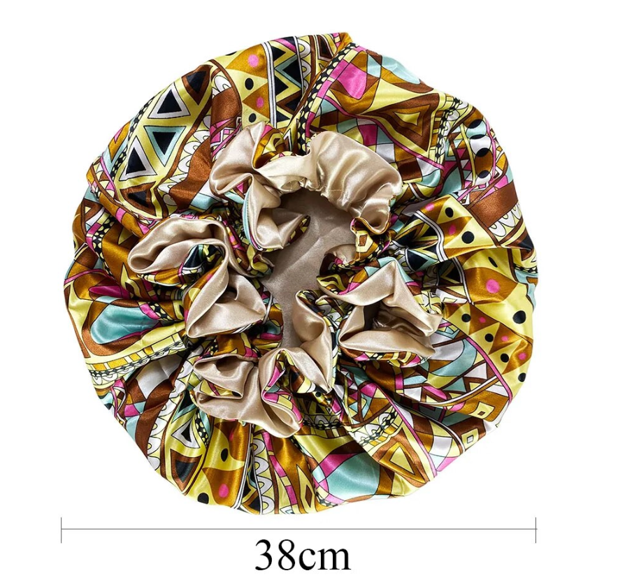 Womens Satin Ruffle Pattern Natural Hair Sleeping Night Cap Double Layer Bonnet