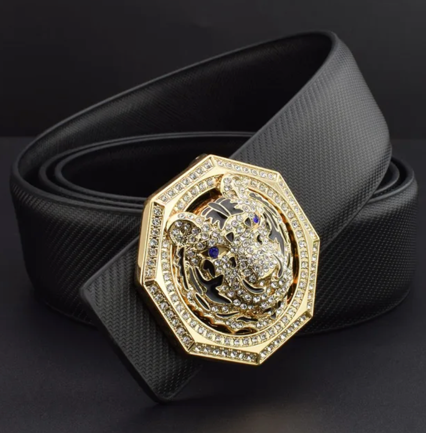 Mens Luxury Tiger Pendant Leather Waist Strap Belt Wide High Quality Golden Buckle Waistband