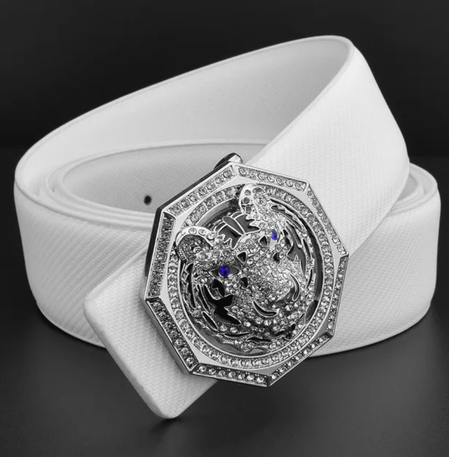 Mens Luxury Tiger Pendant Leather Waist Strap Belt Wide High Quality Golden Buckle Waistband