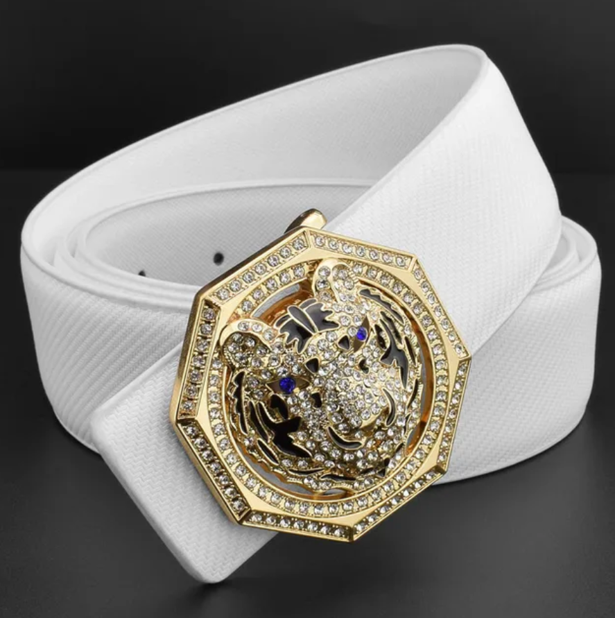 Mens Luxury Tiger Pendant Leather Waist Strap Belt Wide High Quality Golden Buckle Waistband