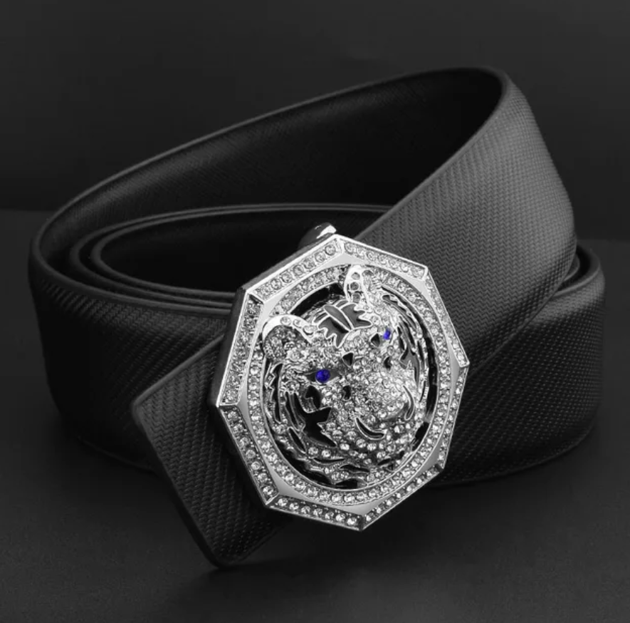 Mens Luxury Tiger Pendant Leather Waist Strap Belt Wide High Quality Golden Buckle Waistband