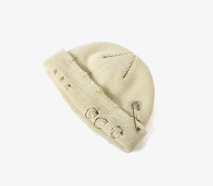 Distressed Unisex Winter Warm Beanie Pin Design Hole Fashion Skullcap Hat